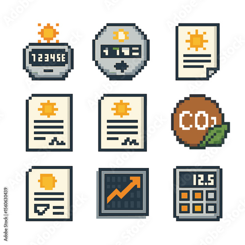 Solar Finance Icon Set. Pixel art icon set of solar financing incentives: feed-in tariff meter, net-metering meter, tax-credit