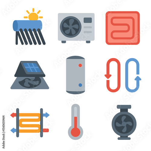 Solar Heating Icons Grid. Flat icon set of solar heating and cooling: solar water heater, heat pump, radiant floor loop, solar