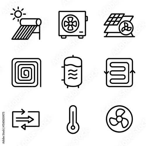 Solar Heating Icon Set. Outline icon set of solar heating and cooling: solar water heater, heat pump, radiant floor loop, solar