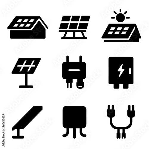 Solar Panel Icon Set. Solid, Filled icon set of solar panel installations: rooftop panels, ground-mount array, solar shingles,