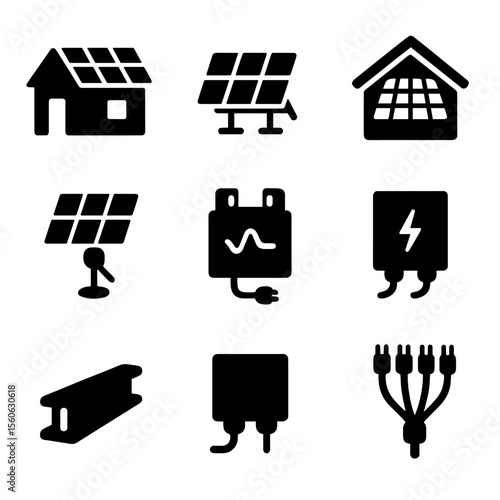 Solar Panel Icon Set. Solid, Filled icon set of solar panel installations: rooftop panels, ground-mount array, solar shingles,