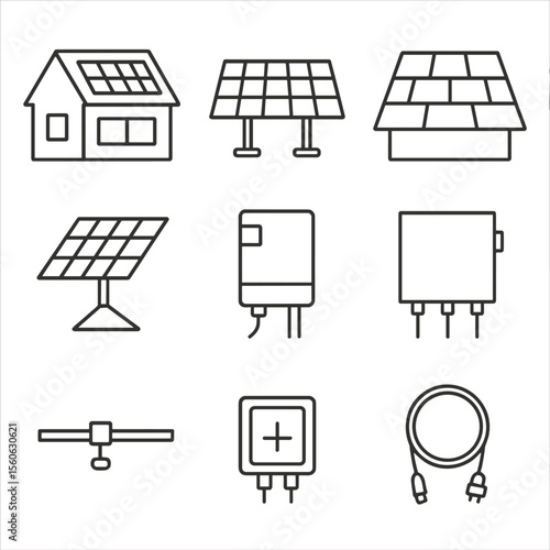 Solar Panel Icons. Outline icon set of solar panel installations: rooftop panels, ground-mount array, solar shingles, tracking