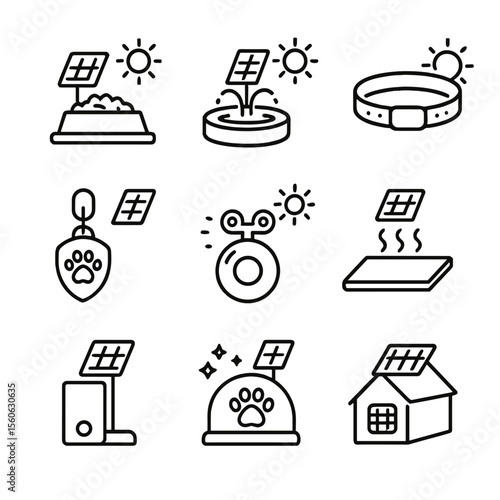 Solar Pet Accessories Icons. Outline icon set of solar-powered pet accessories: solar pet feeder, solar water fountain, solar LED