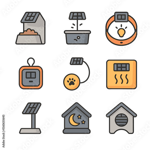 Solar Pet Accessories. Flat icon set of solar-powered pet accessories: solar pet feeder, solar water fountain, solar LED collar,