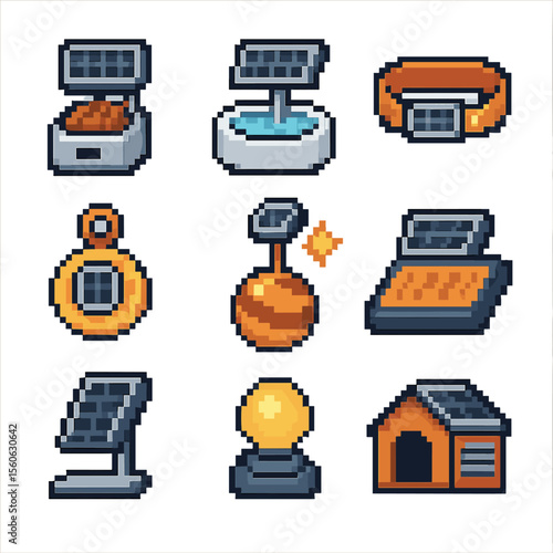 Solar Pet Accessories. Pixel art icon set of solar-powered pet accessories: solar pet feeder, solar water fountain, solar LED