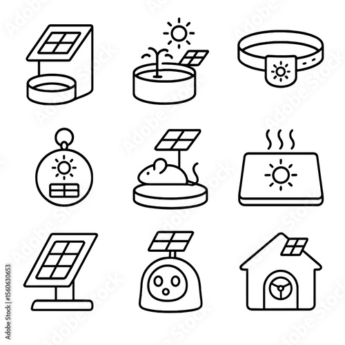 Solar Pet Accessories Icons. Outline icon set of solar-powered pet accessories: solar pet feeder, solar water fountain, solar LED