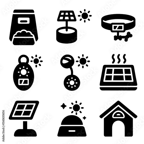 Solar Pet Accessories. Solid, Filled icon set of solar-powered pet accessories: solar pet feeder, solar water fountain, solar LED
