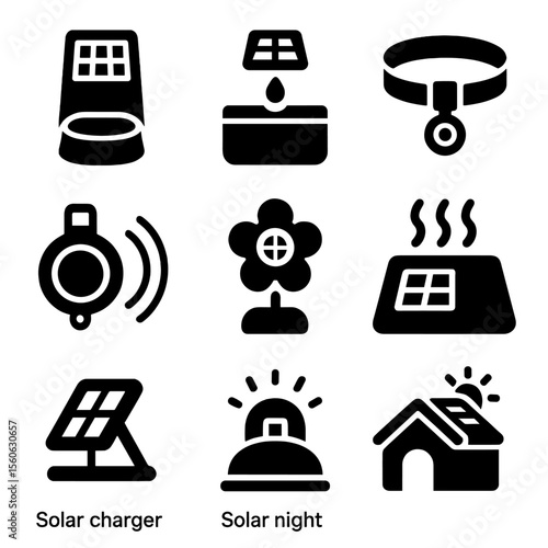 Solar Pet Accessories. Solid, Filled icon set of solar-powered pet accessories: solar pet feeder, solar water fountain, solar LED
