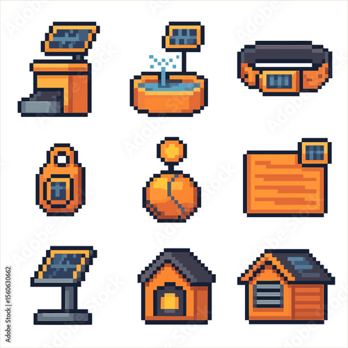 Solar Pet Accessories. Pixel art icon set of solar-powered pet accessories: solar pet feeder, solar water fountain, solar LED