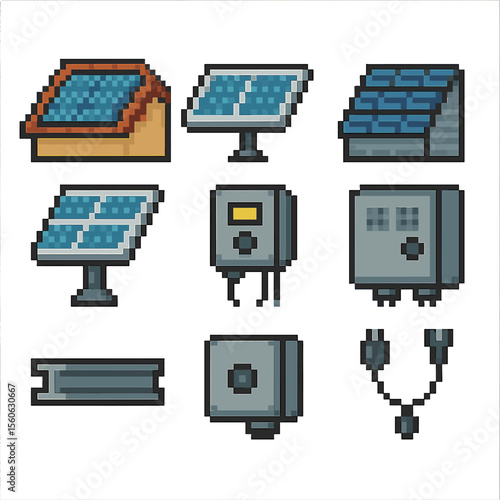 Solar Panel Icon Set. Pixel art icon set of solar panel installations: rooftop panels, ground-mount array, solar shingles,