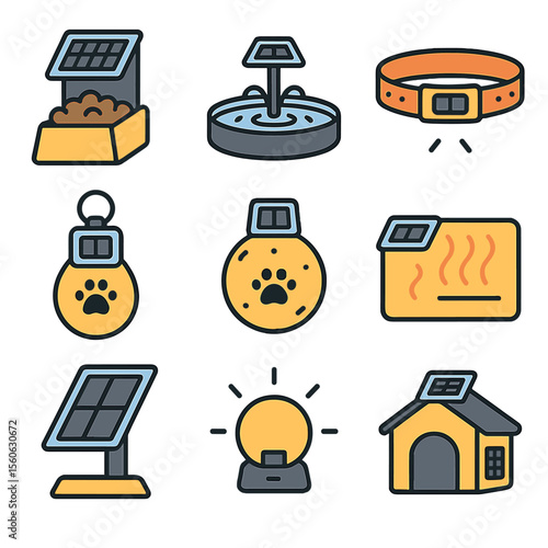 Solar Pet Accessories. Flat icon set of solar-powered pet accessories: solar pet feeder, solar water fountain, solar LED collar,