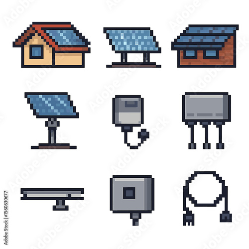 Solar Panel Icon Set. Pixel art icon set of solar panel installations: rooftop panels, ground-mount array, solar shingles,