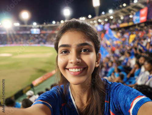 young indian girl taking selfie with mobile in stadium