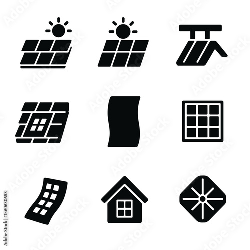 Solar Roof Icon Grid. Solid, Filled icon set of solar roof materials: solar tile, photovoltaic panel, metal roof mounting,