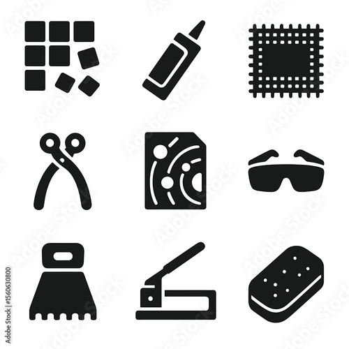 Solar System Art Tools. Solid, Filled icon set of solar system mosaic art: tile pieces, grout tube, mesh backing, nipper pliers,