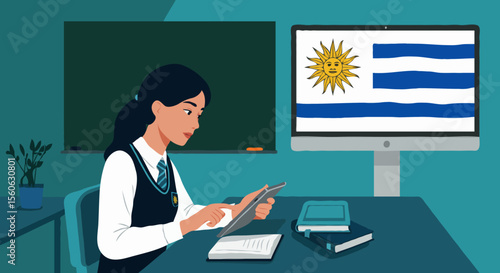 Young student girl diligently using a tablet in a classroom with the flag of Uruguay on a screen