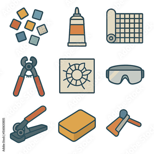Solar System Mosaic Icons. Flat icon set of solar system mosaic art: tile pieces, grout tube, mesh backing, nipper pliers, glue