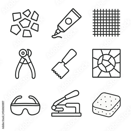 Solar System Mosaic Icons. Outline icon set of solar system mosaic art: tile pieces, grout tube, mesh backing, nipper pliers, glue