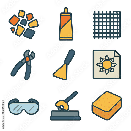 Solar System Mosaic Icons. Flat icon set of solar system mosaic art: tile pieces, grout tube, mesh backing, nipper pliers, glue