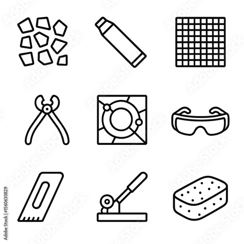 Solar System Mosaic Icons. Outline icon set of solar system mosaic art: tile pieces, grout tube, mesh backing, nipper pliers, glue
