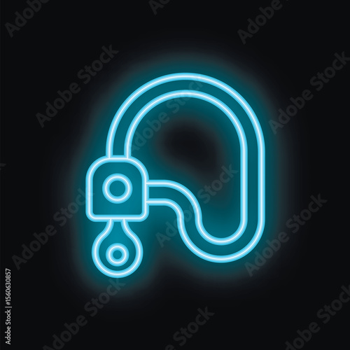 Blue neon sign showing a hearing aid icon, glowing on a black background