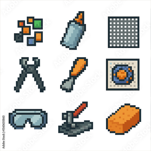 Solar System Mosaics. Pixel art icon set of solar system mosaic art: tile pieces, grout tube, mesh backing, nipper pliers, glue