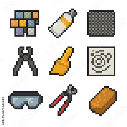 Solar System Mosaics. Pixel art icon set of solar system mosaic art: tile pieces, grout tube, mesh backing, nipper pliers, glue