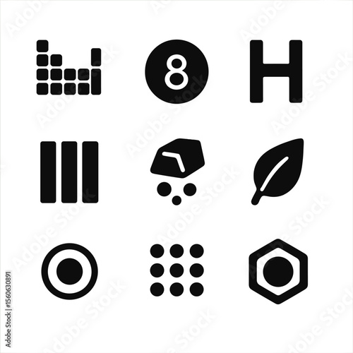 Solid Element Icons. Solid, filled icon set of periodic table elements: periodic table, atomic number, element symbol, group