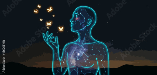Spiritual human figure with a galaxy inside peacefully releasing glowing butterflies into the cosmos