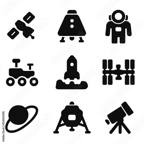 Space Innovation Icons. Solid, filled icon set of space innovation: satellite, space capsule, space suit, Mars rover, rocket