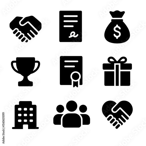 Sponsorship Icons Grid. Solid, filled icon set of sponsorship and partnerships: handshake, contract, money bag, trophy,
