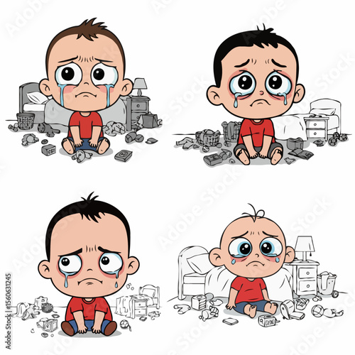 Collection of cartoon toddlers sadly crying in a messy room on a white background