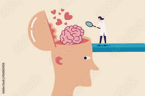 Amnesia losing memory, brain dementia, alzheimer disease, mental illness, thinking or remember disorder, psychology or anxiety concept, doctor with magnifying glass analyze amnesia patient brain.