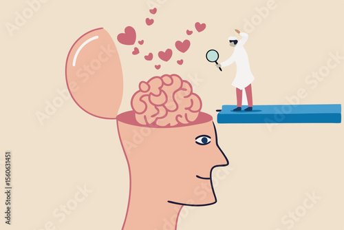 Amnesia losing memory, brain dementia, alzheimer disease, mental illness, thinking or remember disorder, psychology or anxiety concept, doctor with magnifying glass analyze amnesia patient brain.