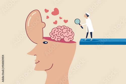 Amnesia losing memory, brain dementia, alzheimer disease, mental illness, thinking or remember disorder, psychology or anxiety concept, doctor with magnifying glass analyze amnesia patient brain.