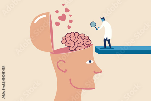 Amnesia losing memory, brain dementia, alzheimer disease, mental illness, thinking or remember disorder, psychology or anxiety concept, doctor with magnifying glass analyze amnesia patient brain.