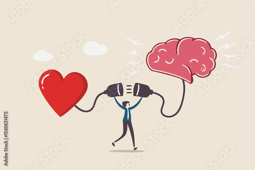 Emotional Intelligence, EI or control feeling and emotion with logical thinking brain, empathy or social skill, self control or balance concept, man connect heart feeling with logical thinking brain.