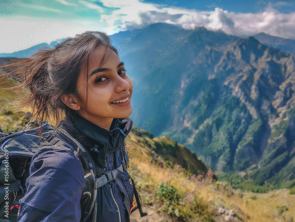 young indian girl taking selfie with smartphone at mountain young indian girl taking selfie with smartphone at mountain