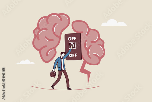 Turn on brain to think, creativity, thought or concentration, smart thinking or emotional intelligence, mindset, wisdom and knowledge concept, smart businessman genius turn on switch on his own brain.
