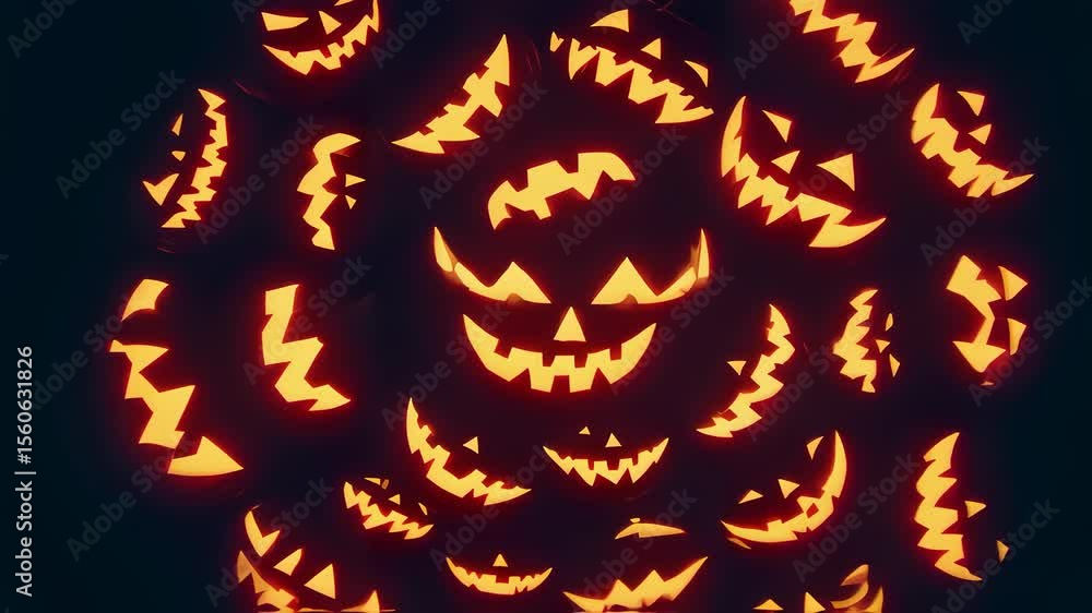 Glowing Pumpkin Faces Arranged in Spiral Pattern Glowing Pumpkin Faces Arranged in Spiral Pattern