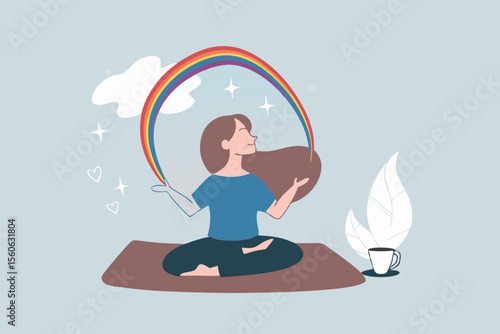 Mindfulness or meditation for mental wellness, spiritual or peaceful lifestyle, focus and concentration, yoga or mind balance concept, mindfulness woman lotus sitting with calm and positive mind.