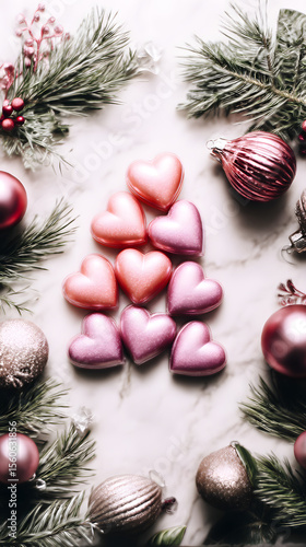 Pink Heart Candies Christmas Tree with Rose Gold Ornaments - Sweet Holiday Design