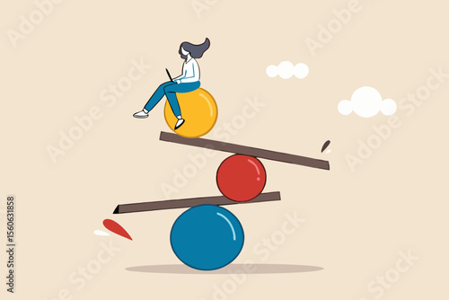 Work life balance, equality or weight between working for money and life happiness, health, success and healthy lifestyle concept, woman working with computer laptop while balance on equilibrium.