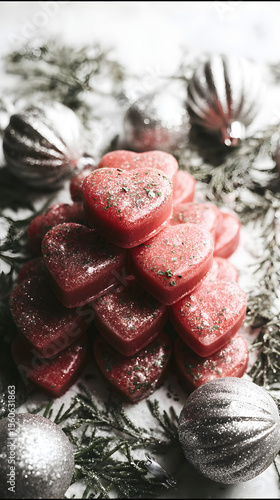 Festive Heart Candies on Snow with Christmas Ornaments - Winter Love Scene