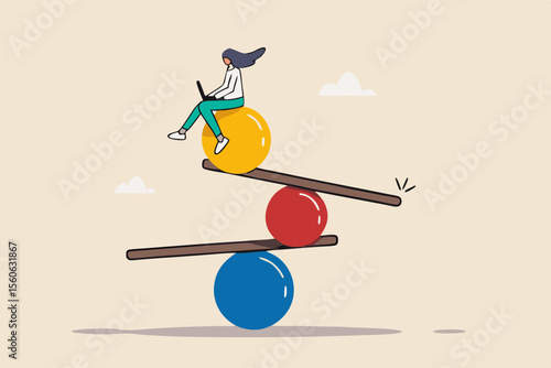 Work life balance, equality or weight between working for money and life happiness, health, success and healthy lifestyle concept, woman working with computer laptop while balance on equilibrium.