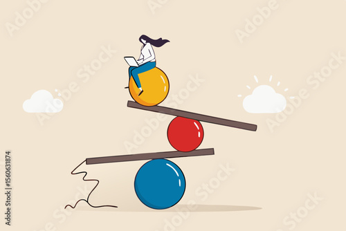 Work life balance, equality or weight between working for money and life happiness, health, success and healthy lifestyle concept, woman working with computer laptop while balance on equilibrium.