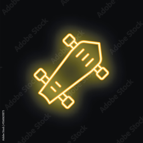 Yellow neon icon of a longboard skateboard is glowing on a black background