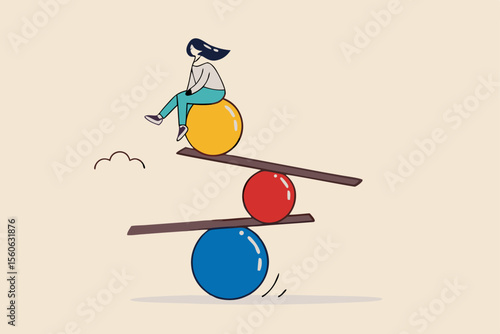Work life balance, equality or weight between working for money and life happiness, health, success and healthy lifestyle concept, woman working with computer laptop while balance on equilibrium.