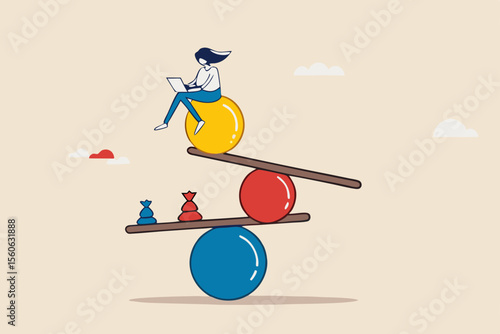 Work life balance, equality or weight between working for money and life happiness, health, success and healthy lifestyle concept, woman working with computer laptop while balance on equilibrium.