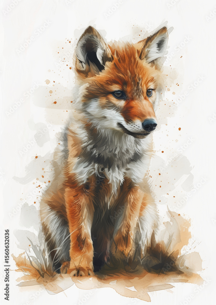 Naklejka premium a watercolor illustration of a cute reddish fox cub with fluffy fur, large ears, and expressive eyes, sitting upright and looking to the side